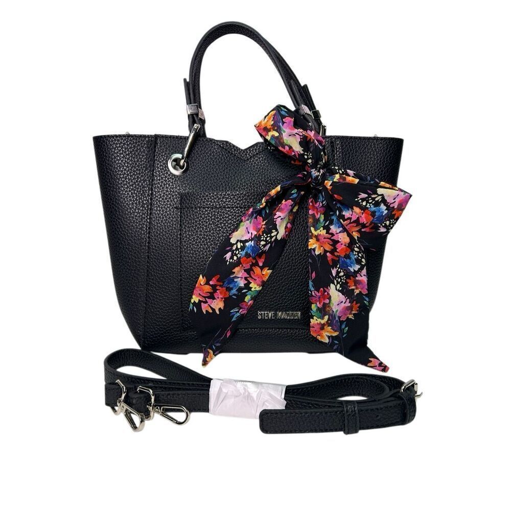 Steve Madden Bkarta Black Pebbled Satchel Handbag Floral Scarf Crossbody